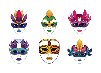 carnival mask icon set, colorful design