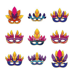 Fototapeta na wymiar icon set of carnival masks with feathers, colorful design