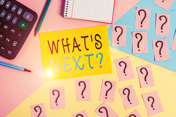 Conceptual hand writing showing What S Next. Concept meaning Asking whatever comes immediately after the present one Mathematics stuff and writing equipment on pastel background