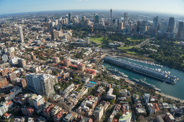 Aerial cityscape of Sydney suburbs of CBD and Woolloomooloo