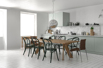 3d rendering scandinavian vintage kitchen with dining table