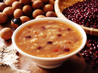 Eight treasure porridge on white wooden table  