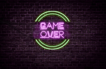 A green and purple neon light sign that reads: Game Over