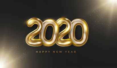 Realistic golden 2020 numbers with Happy New Year text, particles glow on black background. Vector holiday illustration for postcard, banner, cover design.