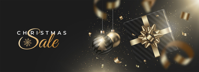 Fototapeta na wymiar Happy New Year and Merry Christmas banner with balls and gifts, tinsel on dark background. Season winter. Vector holiday decoration for banner, website.
