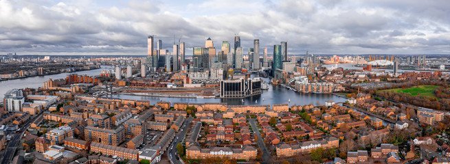 London, England - Aerial Panoramic skyline view of Bank and Canary Wharf, central London's leading...