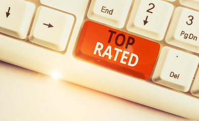 Writing note showing Top Rated. Business concept for The high amount of a charge or payment based...