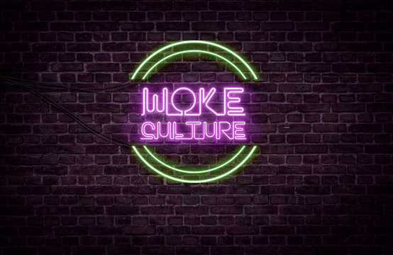 A green and purple neon light sign that reads: Woke Culture