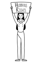 young woman with human rights label character