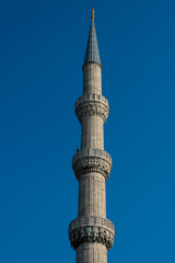 Minaret of Sultan Ahmed Mosque (Sultan Ahmet Camii) also known as the Blue Mosque. Istanbul, Turkey