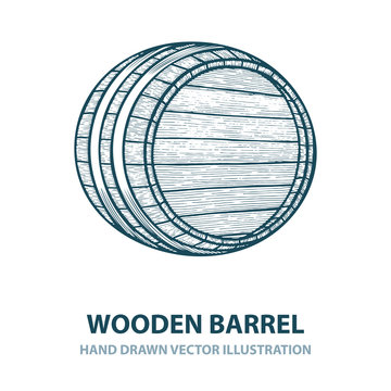 Barrel. Hand drawn wooden barrel vector illustration in engraving style. Vintage whiskey, wine or beer barrel isolated on white background. Part of set.