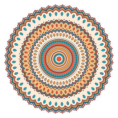 Decorative colorful ethnic mandala pattern. Design element for greeting card, banner or poster in oriental style. Hand drawn illustration