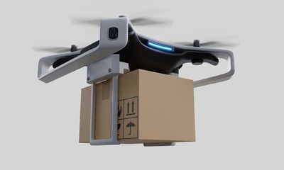 Drone delivery delivering on white background.