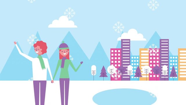 winter snowscape scene with girls and buildings