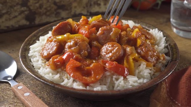Delicious cajun sausage, peppers and tomato on a bed of rice.