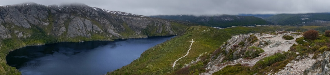 Mountain landscape with lake and hiking path. Cradle mountain, Tasmania