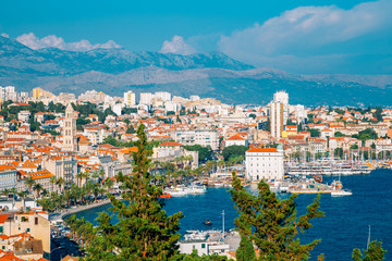 Fototapeta na wymiar Riva street and old town panorama view in Split, Croatia
