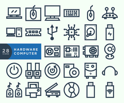 Hardware computer, outline web icon set. Line icons collection. Simple vector illustration