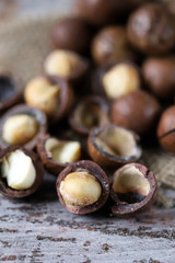 Selective focus. Macadamia nuts The hardest nuts in the world. Keto diet. Keto snack.
