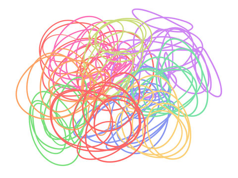 Colorful tangled shape on white. Chaos pattern. Scribble lines