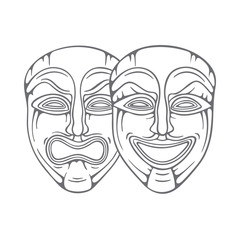 Theatrical masks. Comedy and tragedy masks hand drawn vector illustration. Happy and sad mask sketch drawing.