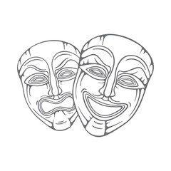 Theatrical masks. Comedy and tragedy masks hand drawn vector illustration. Happy and sad mask sketch drawing.