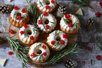 Delicious and beautiful Christmas muffins in a Christmas decoration.