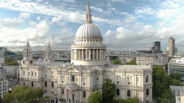 Establishing aerial view of London St Paul&rsquo;s Cathedral on a sunny day in London UK, United Kingdom