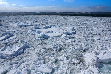 Beautiful view of drift ice on sunny day in the Sea of Okhotsk in Hokkaido, Japan.