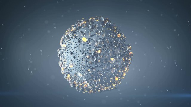 Cluster of spheres and particles levitate. Scince fiction design. Seamless loop 3D render animation with DOF