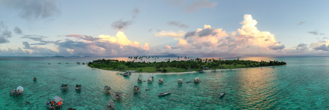 Aerial view beautiful landscape, island and blue ocean in Semporna, Sabah, Malaysia also the home of nomadic sea gypsy.