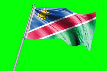 Namibia Flag on Flagpole. Waving Rippled Flag Pole in the Wind.Design llustration in Silk Fabric Texture. Isolated on Chroma Key Green Screen Background