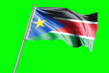 South Sudan Flag on Flagpole. Waving Rippled Flag Pole in the Wind.Design llustration in Silk Fabric Texture. Isolated on Chroma Key Green Screen Background