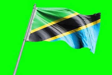 Tanzania Flag on Flagpole. Waving Rippled Flag Pole in the Wind.Design llustration in Silk Fabric Texture. Isolated on Chroma Key Green Screen Background