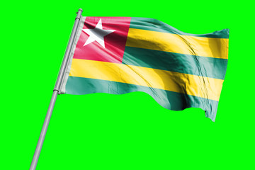 Togo Flag on Flagpole. Waving Rippled Flag Pole in the Wind.Design llustration in Silk Fabric Texture. Isolated on Chroma Key Green Screen Background
