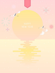 New year card design. Sunrise landscape and red crowned crane.