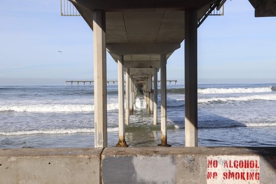 High tide underneath Ocean Beach Pier pillons