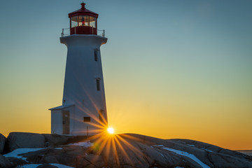 Peggy's Point Lighthouse at sunset.  Peggy's Cove, Nova Scotia, Canada - obrazy, fototapety, plakaty