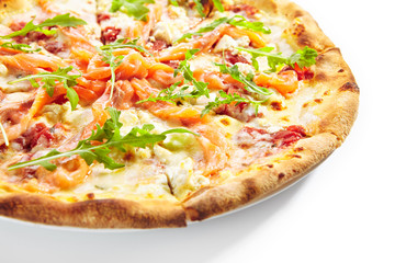 Pizza with Salmon, Cream Cheese and Fresh Rucola Leaves Isolated Side View