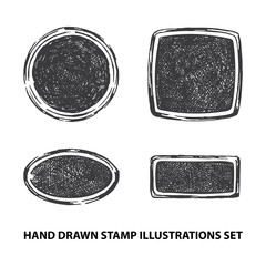 Stamp. Grunge stamp vector hand drawn illustrations set. Round, oval, square and, rectangular stamp drawing labels. Part of set. 