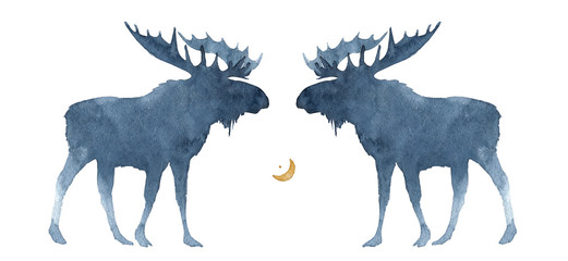 Watercolor illustration of a silhouette of two moose on a white background