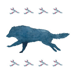 Watercolor silhouette of a running wolf on a white background.