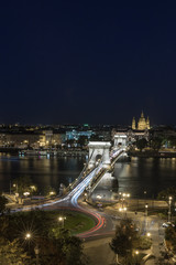 Fototapeta na wymiar Night view of Budapest cityscapes with aerial view of Danube River and széchenyi chain bridge