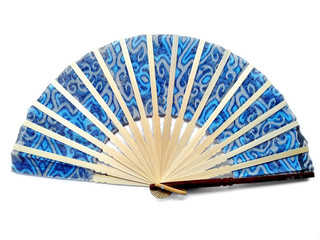 Hand fan from Bali Indonesia. Kipas Tangan Motif Batik or hand fan Batik made of bamboo and batik fabric. Hand fan patterned batik isolated on white background.