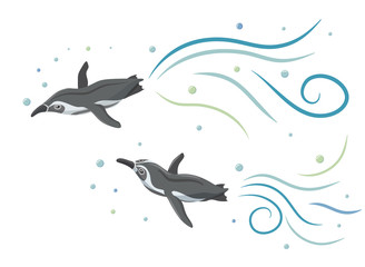 Humboldt penguins swimming like flying in the sky.