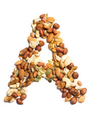 Letter A of the English alphabet from a mixture of hazelnuts, almonds, walnuts, peanuts, cashews, pumpkin seeds on a white isolated background. Food pattern made from nuts. Bright alphabet for shops.