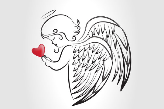 heart with angel wings and halo drawing