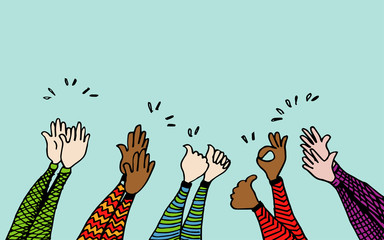 hand drawn of hands clapping ovation. applause, thumbs up gesture on doodle style , vector illustration