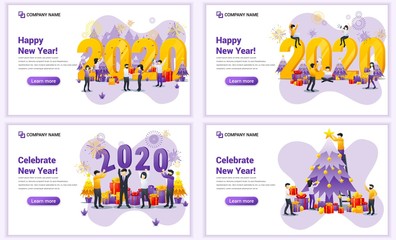 Set of web page design templates for Happy new year 2020, People celebrate new year, Christmas. Can use for web banner, poster, infographics, landing page, web template. Flat vector illustration