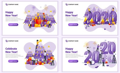 Fototapeta premium Set of web page design templates for Happy new year 2020, People celebrate new year, Christmas. Can use for web banner, poster, infographics, landing page, web template. Flat vector illustration